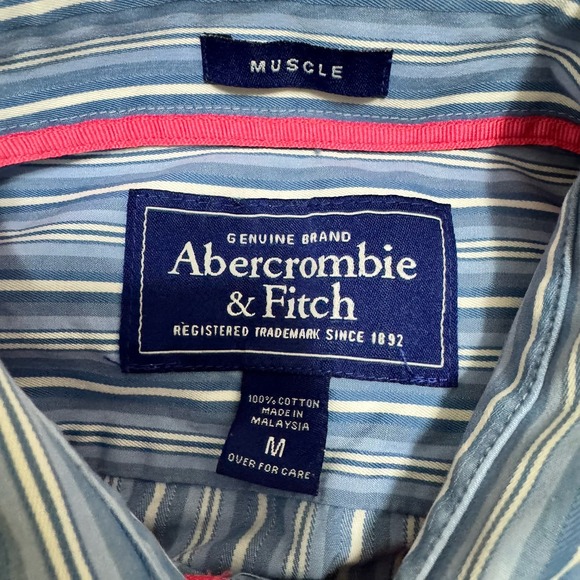 Abercrombie & Fitch Men Sz M Blue Stripe‎ Muscle Button Up Long Sleeve Shirt Y2K - Picture 5 of 5